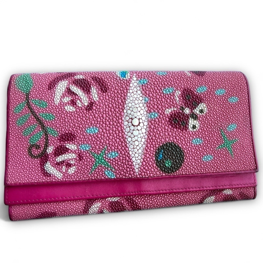 Stingray Made In Thailand Teal Pink Butterfly Floral Pattern Wallet Authentic